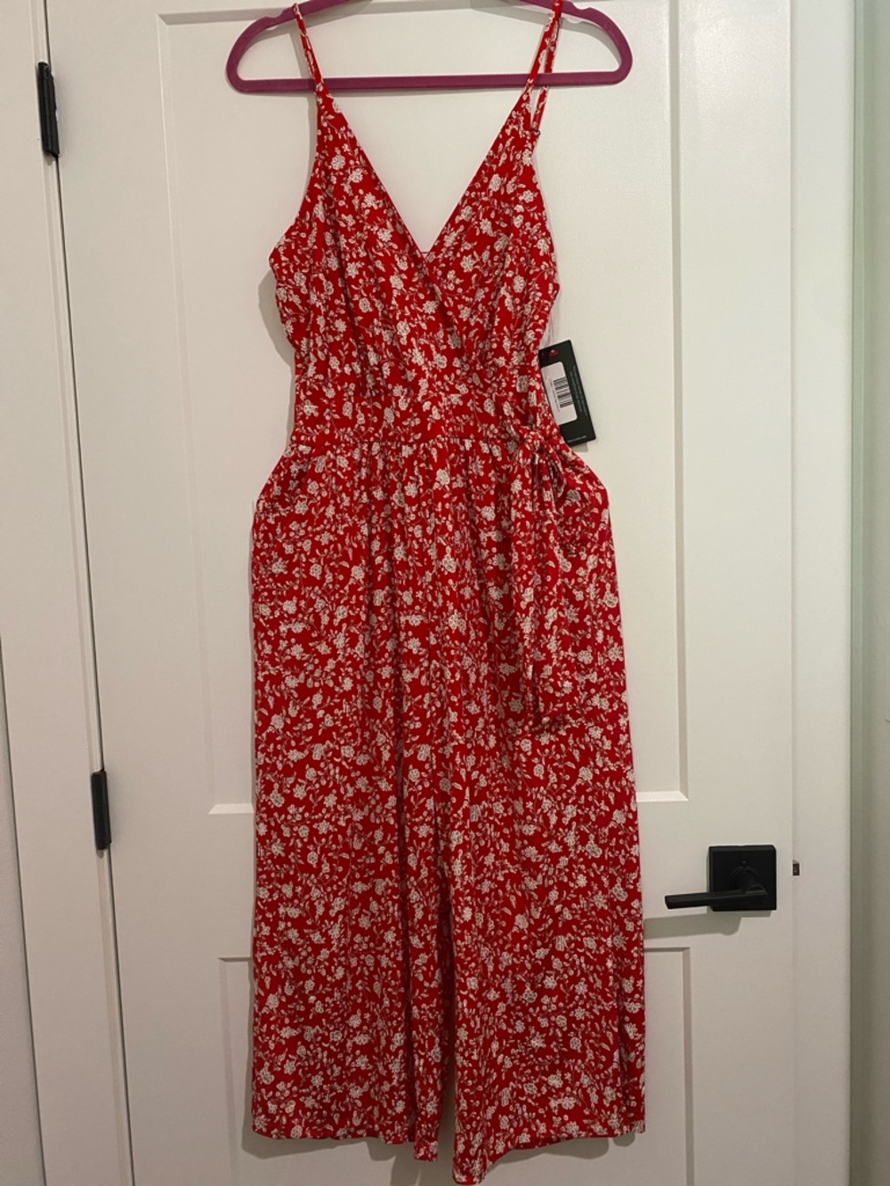 Red Floral Wide-Leg Jumpsuit with V-Neck